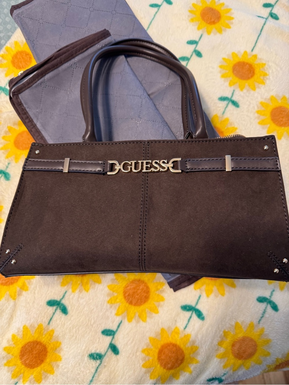 GUESS Black Suede Satchel with Silver Hardware
